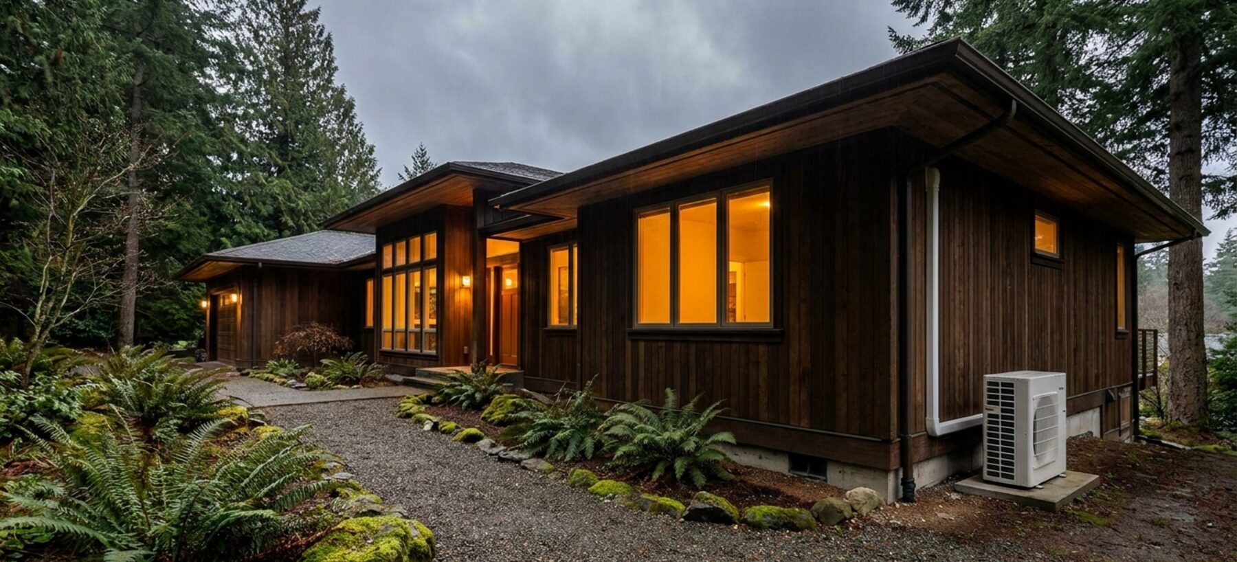 Cedar-clad Pacific Northwest home in the evening
