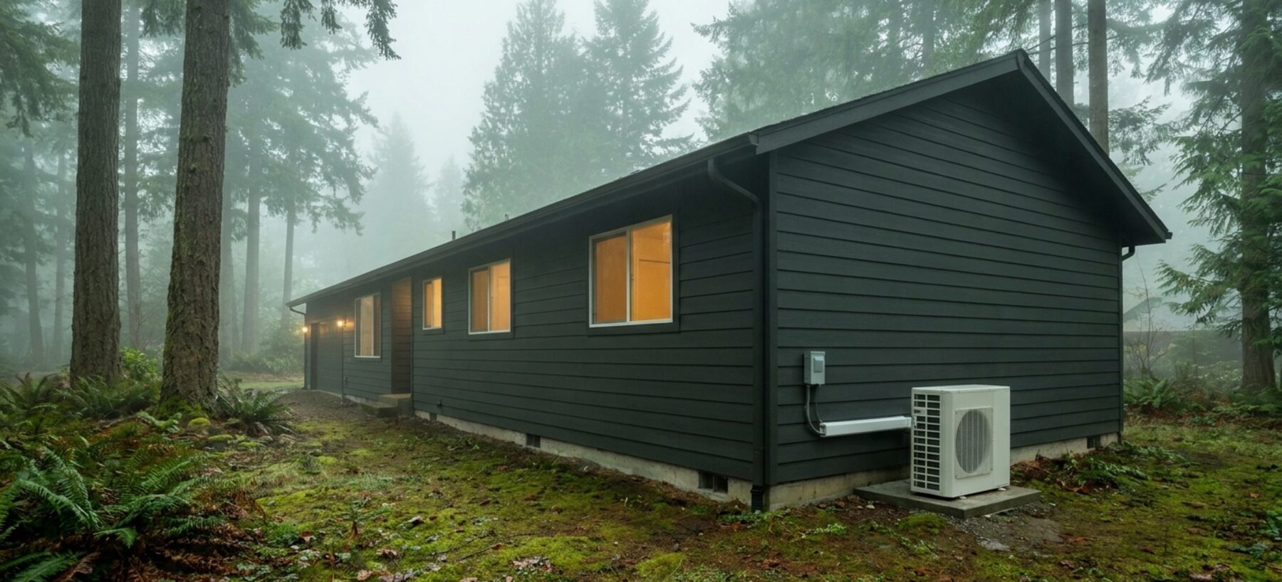 Pacific Northwest home in morning fog with an outdoor heat pump unit