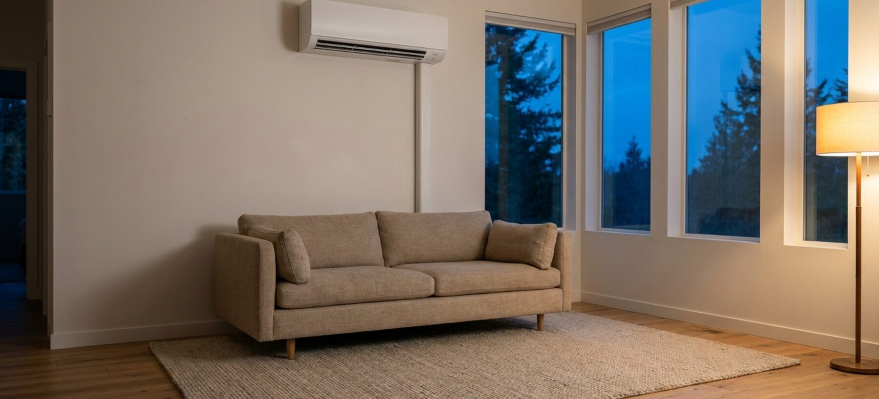 Living room with a ductless mini-split head at dusk