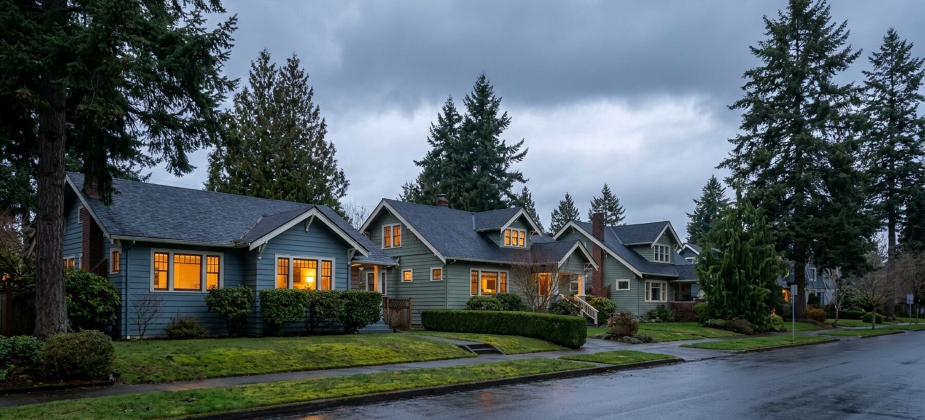 Pacific Northwest residential street at dusk