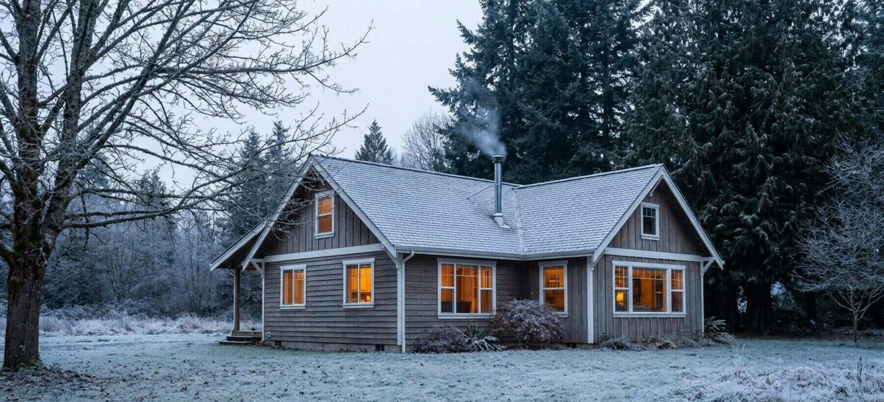 Pacific Northwest home on a frosty winter morning