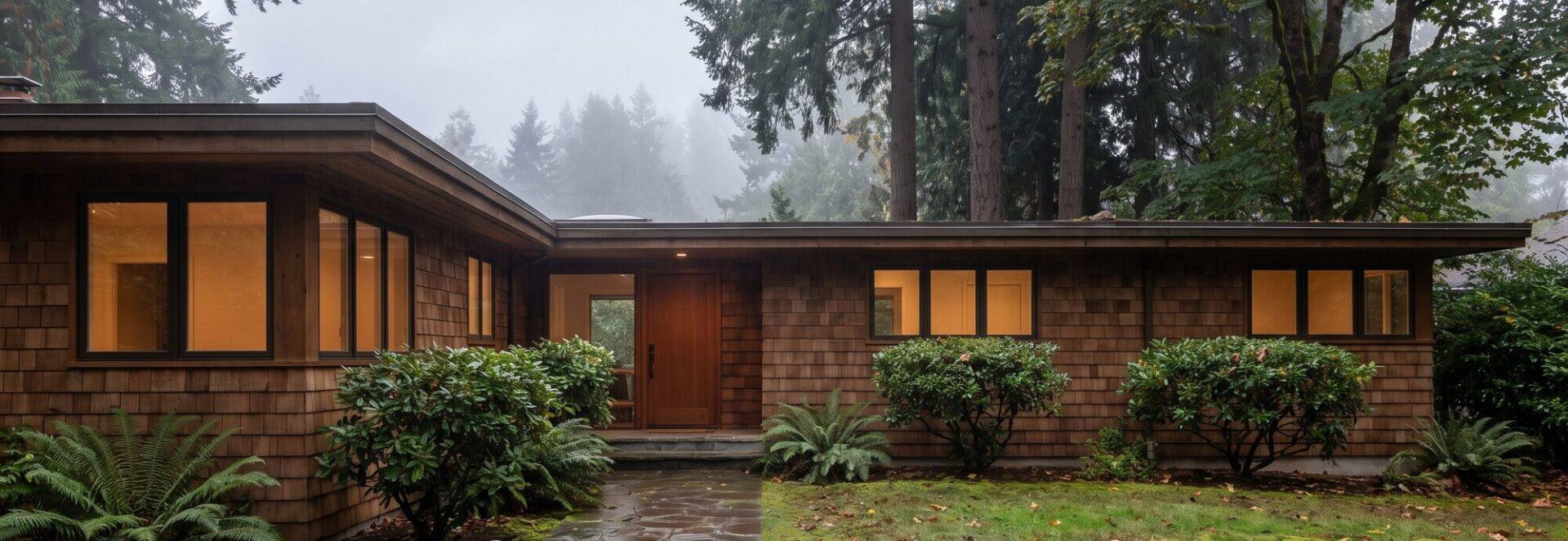 Cedar shingle Pacific Northwest home on an overcast morning