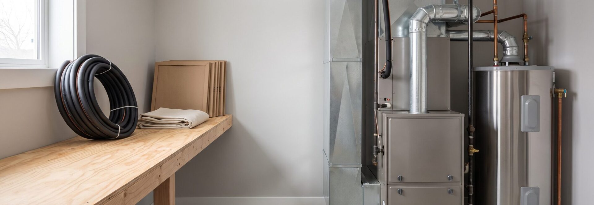 Clean residential mechanical room with a furnace and water heater