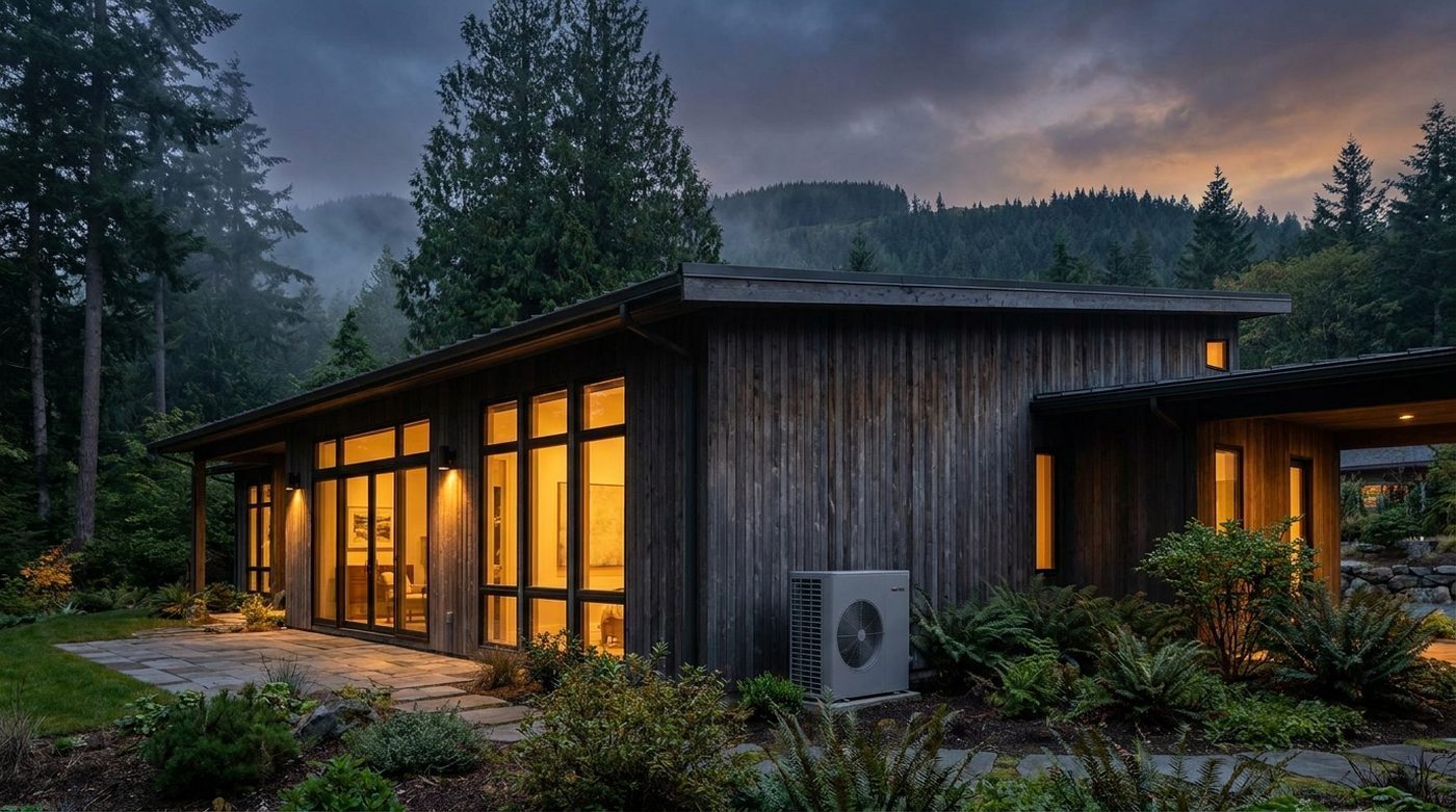 Pacific Northwest home exterior at dusk with an outdoor heat pump unit