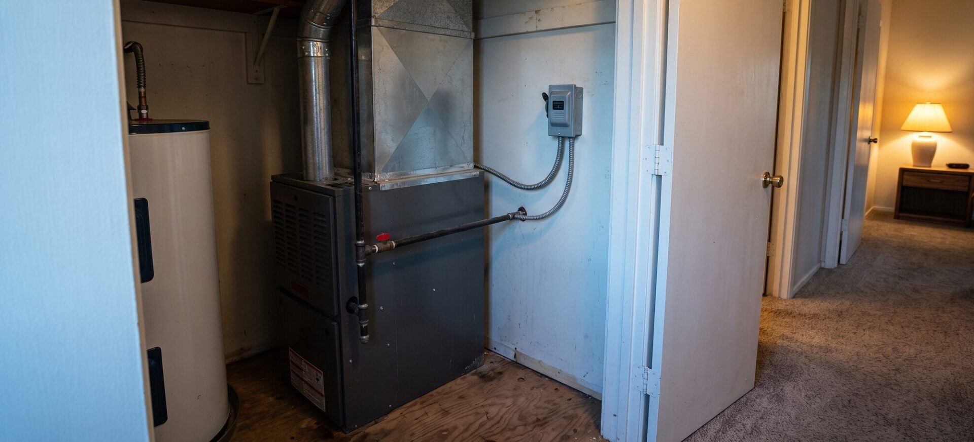 Gas furnace and water heater in a home utility closet off a hallway