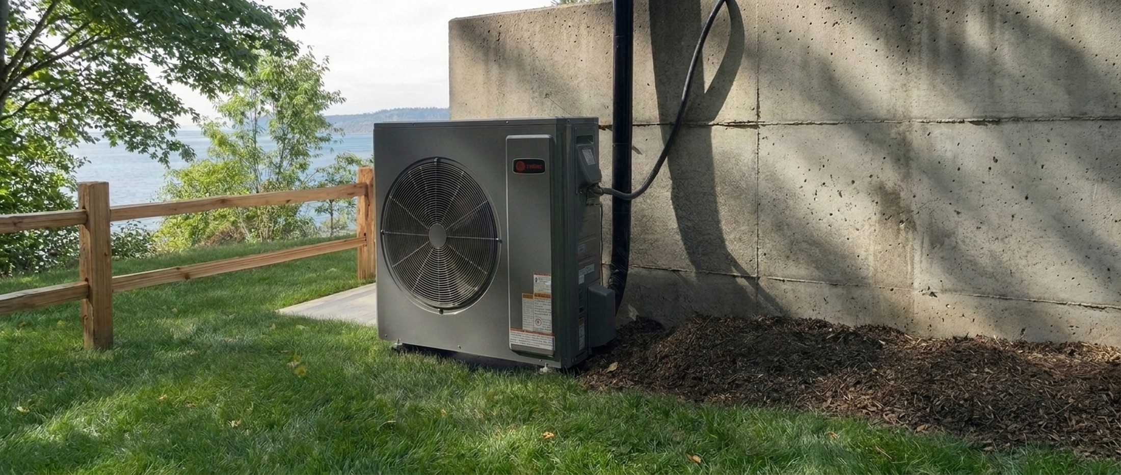 Heat pump outdoor condenser on a pad beside a Pacific Northwest home