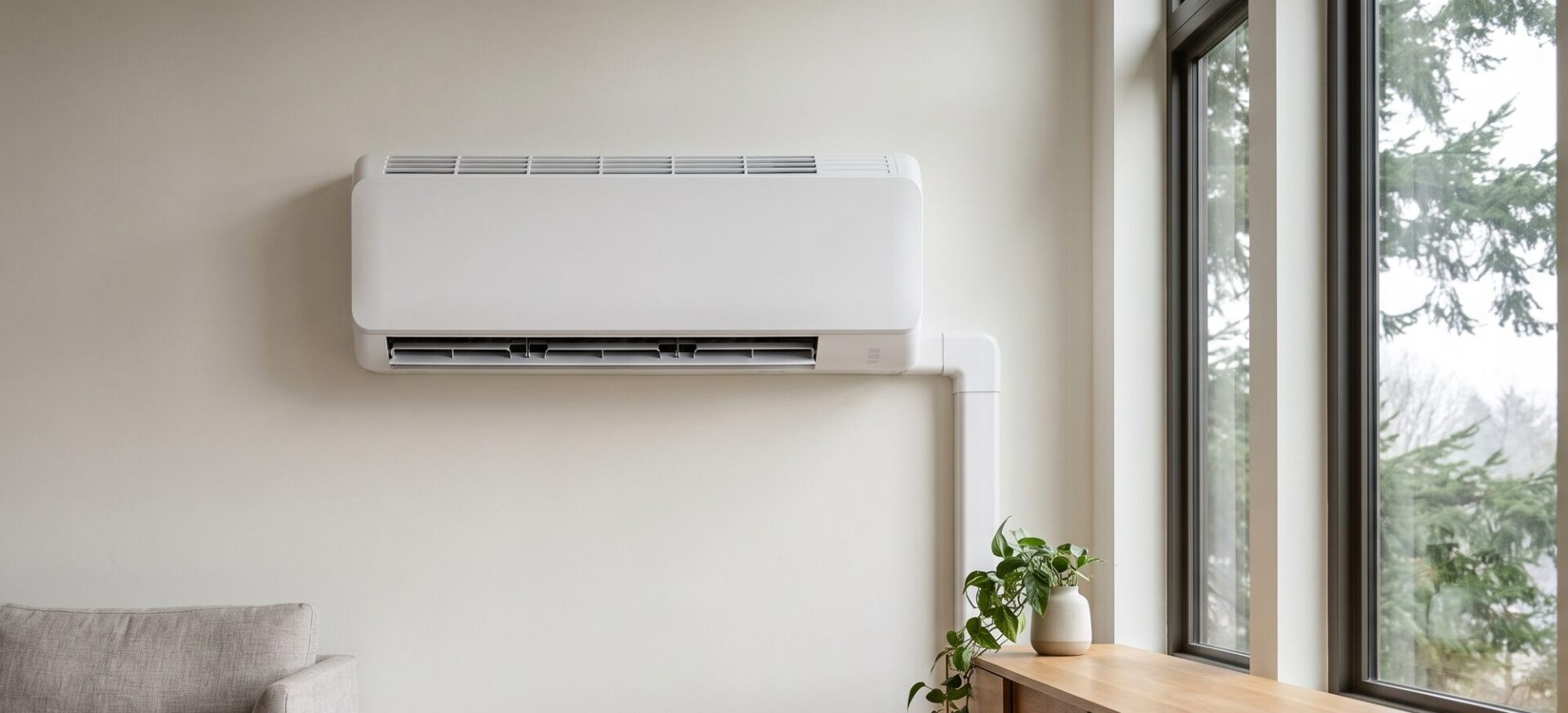 Wall-mounted ductless mini-split head in a living room
