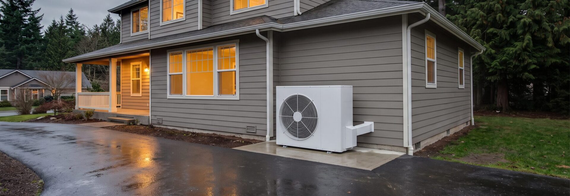 Pacific Northwest home at dusk with an outdoor heat pump unit